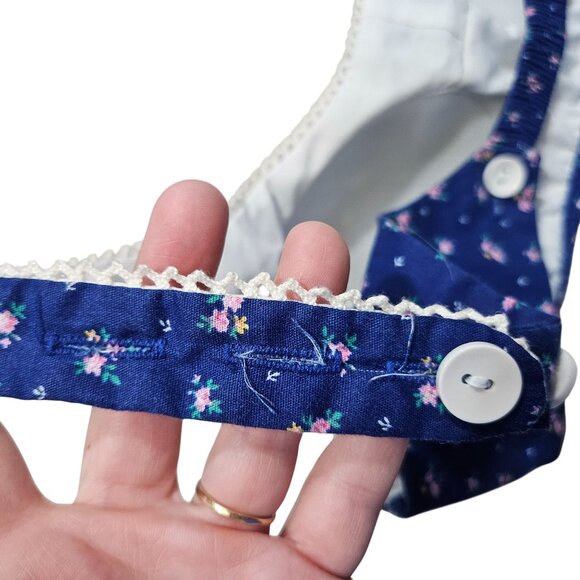 Vintage‎ 70s Blue Floral Cotton Womens Bra White Lace Trim Button Molded Cups 12 - Picture 9 of 10